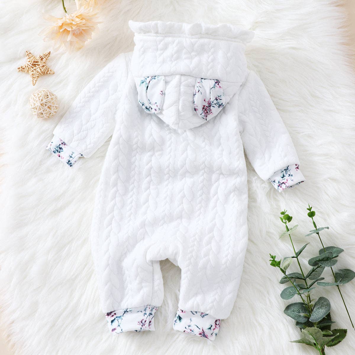 3D Ears Hooded Pink Thickened Lined Baby Jumpsuit