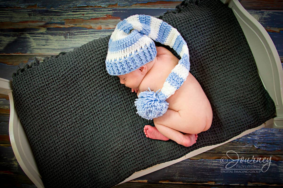 Baby Blue/Brown Pom Pom Crocheted Handmade Heirloom Baby Hat