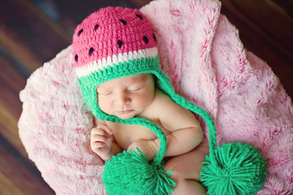 Green/Pink Watermelon Crocheted Handmade Heirloom Baby Hat