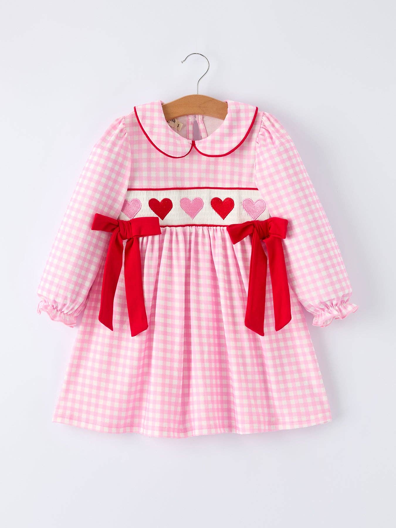 Girls' Valentine's Day Heart Smocking Embroidered Plaid Dress 5