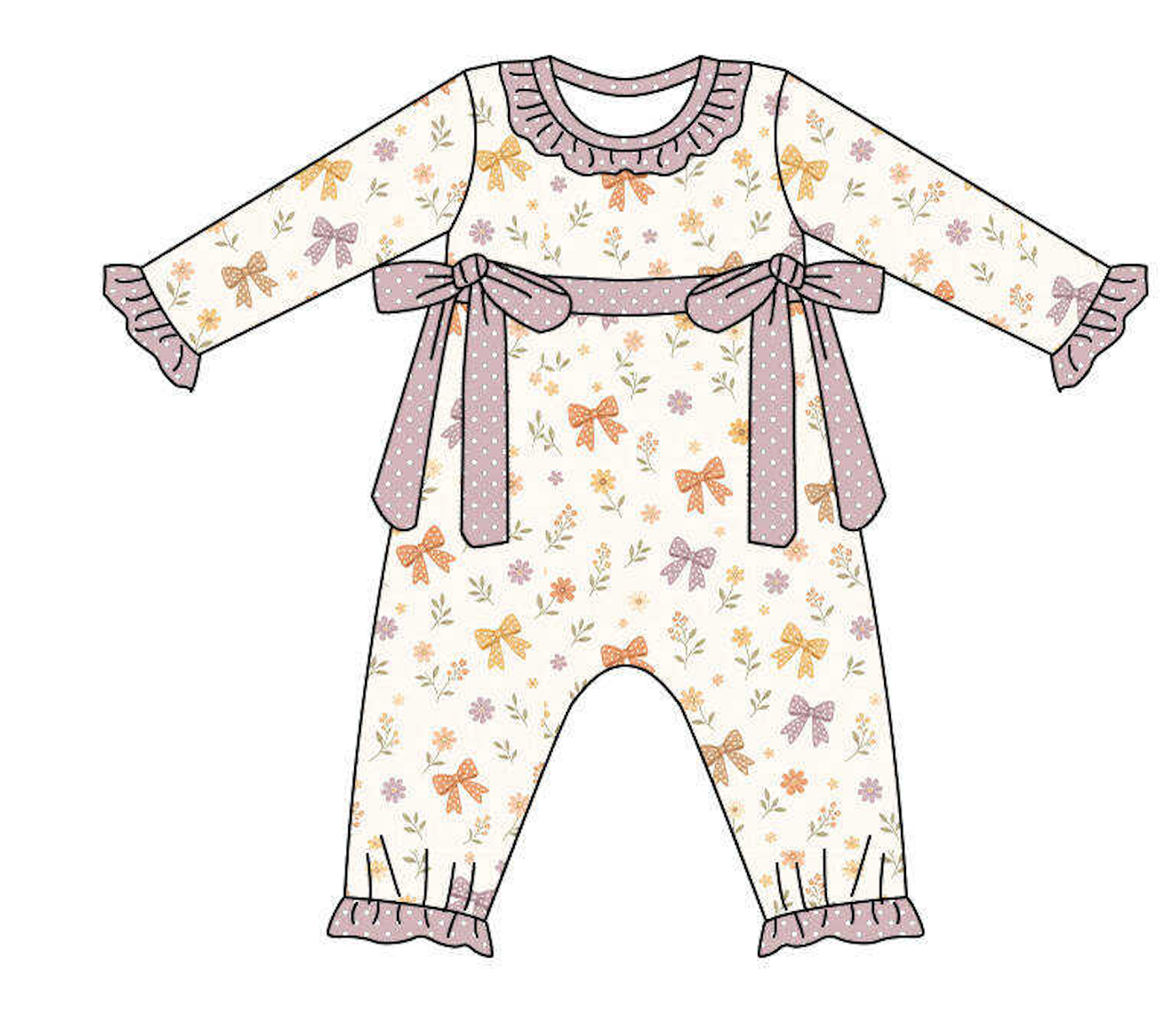 Fall floral ruffled, polka dot bow romper