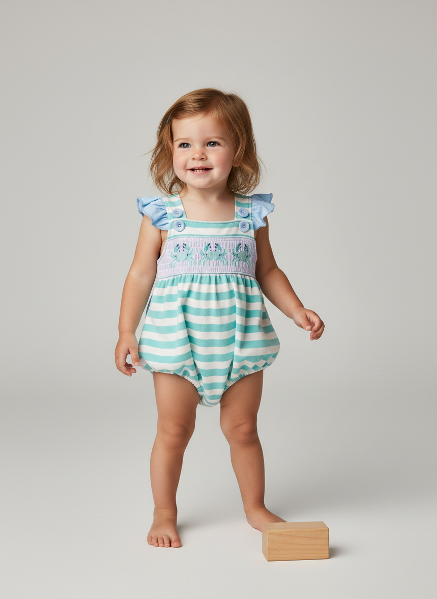 Seaside crab stripe smocked bubble romper with a ruffle back
