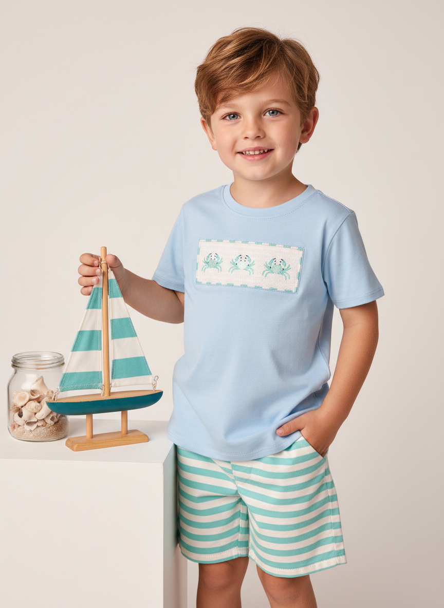 Crab smocked and embroidery short set
