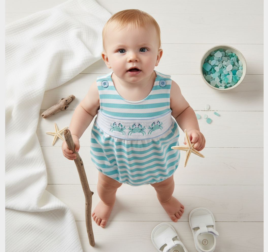 Crab smocked and embroidery bubble romper