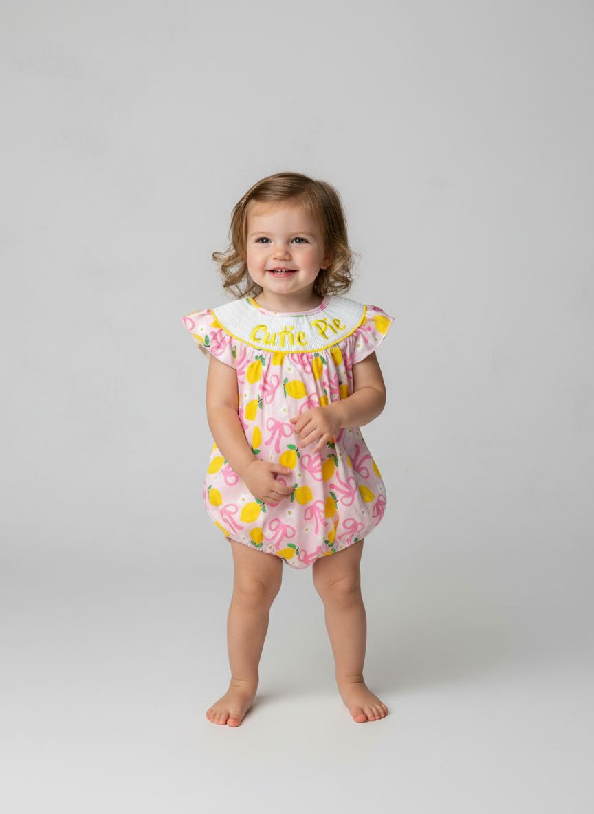 Cutie pie lemon bow smocked romper