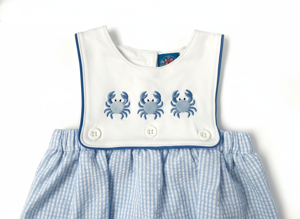 Blue crab seersucker bubble romper