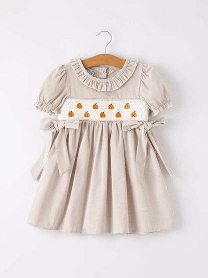 Halloween & Thanksgiving Pumpkin Embroidery Smock Plaid Girls Dress