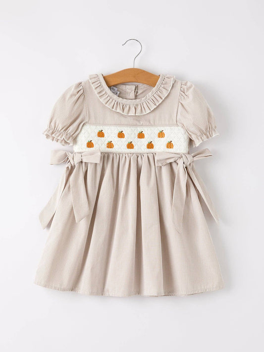 Halloween & Thanksgiving Pumpkin Embroidery Smock Plaid Girls Dress