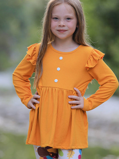 Fall Halloween & Thanksgiving Pumpkin Turkey Print Girls Long Sleeve Set