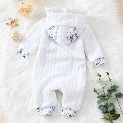 3D Ears Hooded  Pink Thickened Lined Baby Jumpsuit