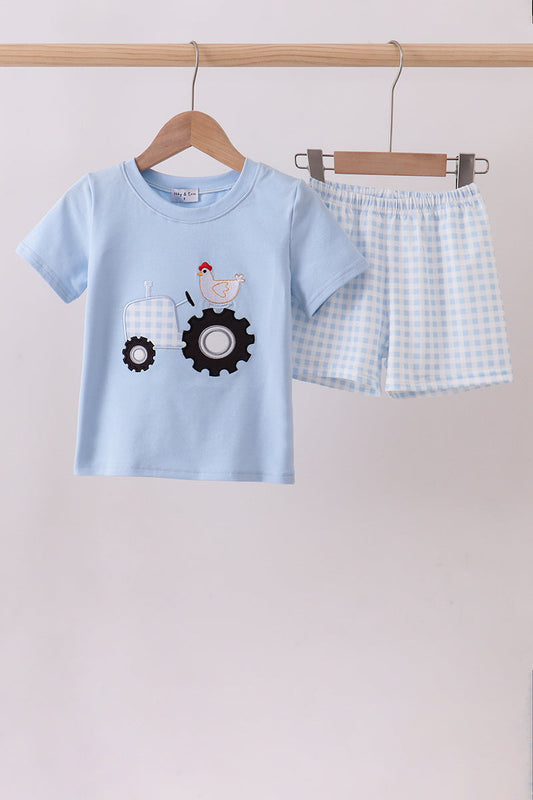 Blue tractor applique shorts set