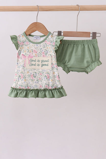 Green floral print bow ruffle bloomer set