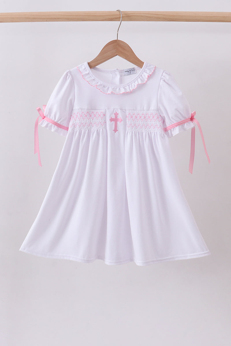White cross smocked ruffle dress