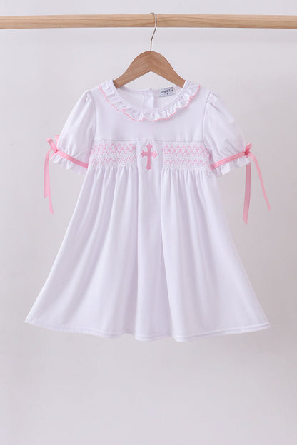 White cross smocked ruffle dress