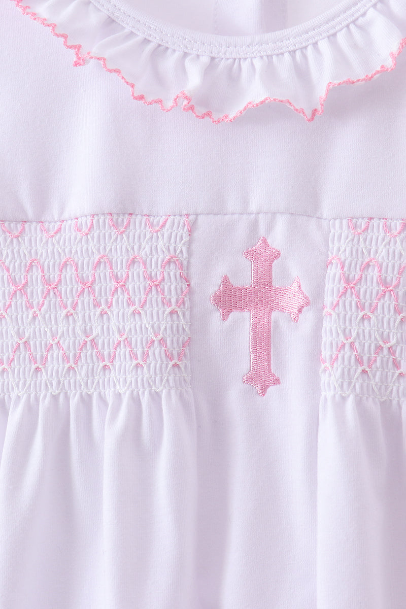 White cross smocked ruffle dress