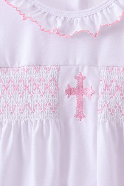 White cross smocked ruffle dress