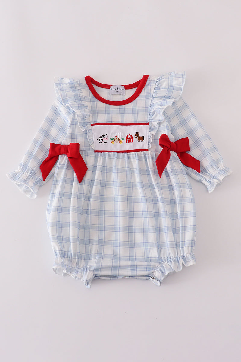Blue Farm Embroidery Plaid Bubble Romper