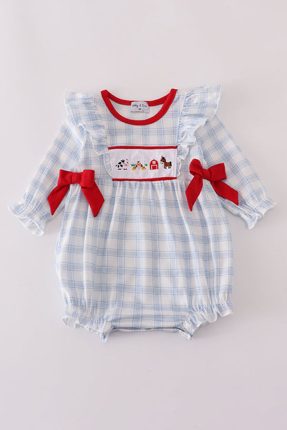 Blue Farm Embroidery Plaid Bubble Romper
