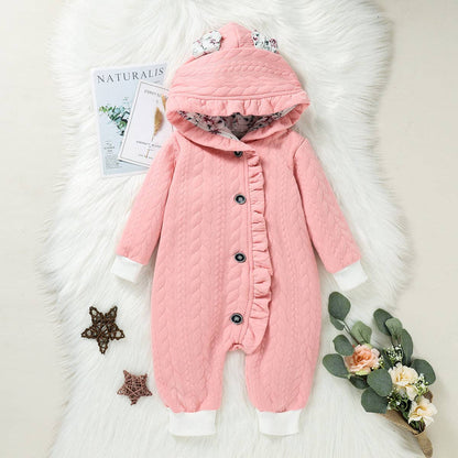 3D Ears Hooded  Pink Thickened Lined Baby Jumpsuit