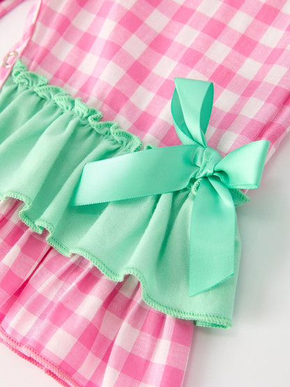 Christmas Green Santa Smocking Applique Plaid Baby Girls Romper