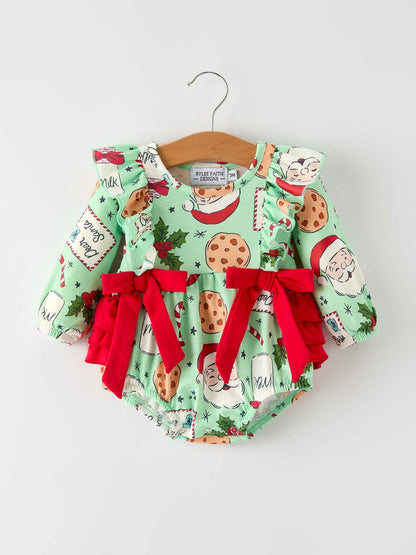 Christmas Santa and Cookie Print Baby Girls Romper with Red Bow Detail