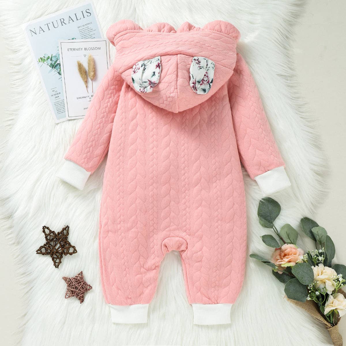 3D Ears Hooded  Pink Thickened Lined Baby Jumpsuit