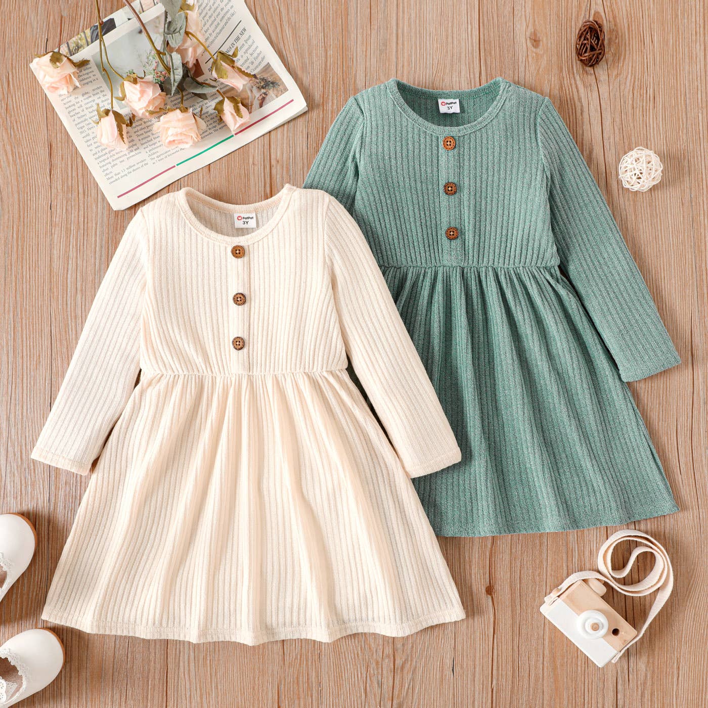 Toddler Girl Solid Button Ribbed Long-sleeve Dress