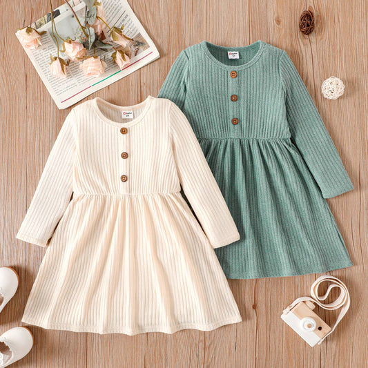 Toddler Girl Solid Button Ribbed Long-sleeve Dress