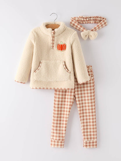 Thanksgiving Girls Fall Winter Furry Top Plaid Pants with Matching Headband