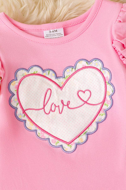 Pink Love, heart applique baby bodysuit with ruffle butt.