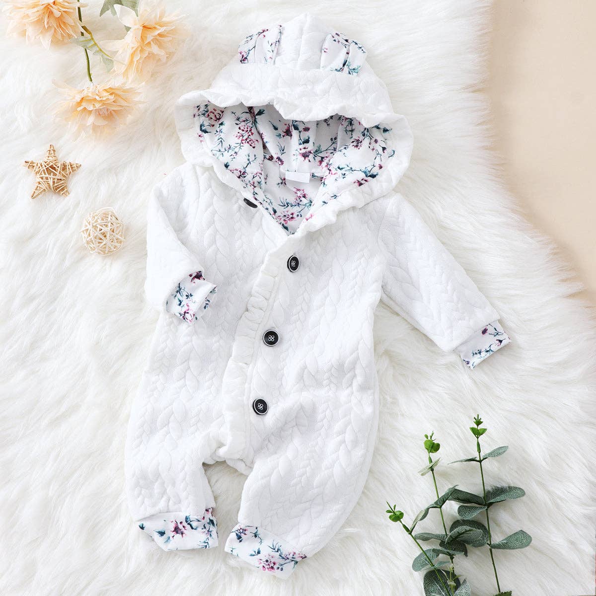 3D Ears Hooded  Pink Thickened Lined Baby Jumpsuit