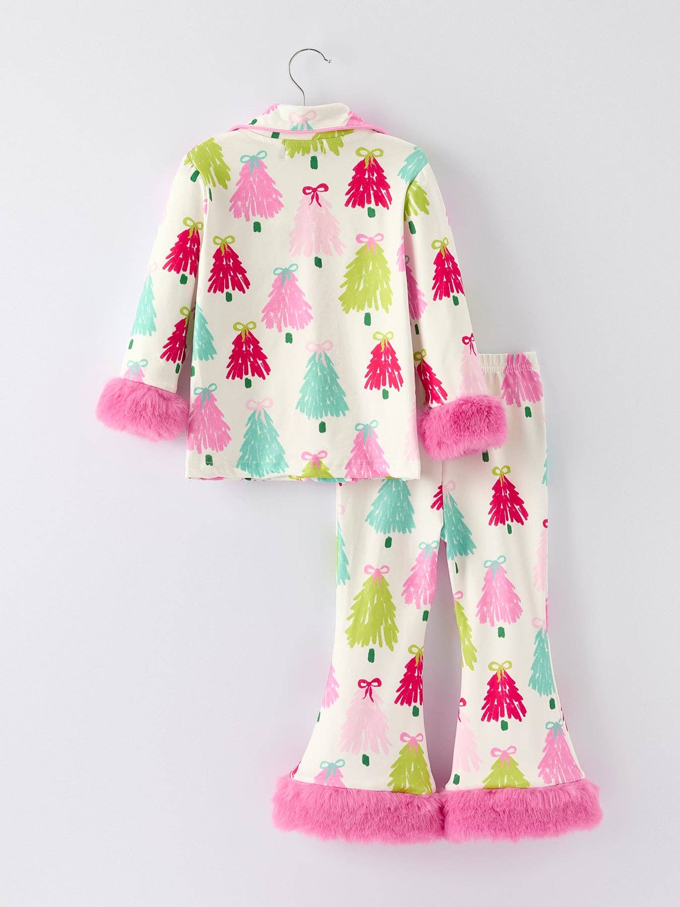Christmas Tree Girls Pajama Set with Furry Trim: Perfect for Winter Nights