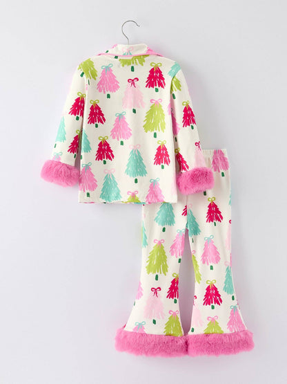 Christmas Tree Girls Pajama Set with Furry Trim: Perfect for Winter Nights