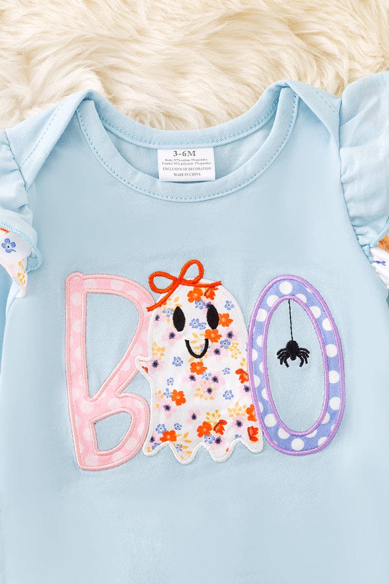 "BOO" Boo applique on Lt. Blue baby romper with floral trim. RPG51593 JEAN