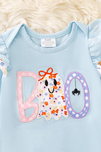 "BOO" Boo applique on Lt. Blue baby romper with floral trim. RPG51593 JEAN
