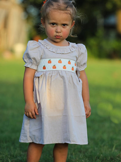 Halloween & Thanksgiving Pumpkin Embroidery Smock Plaid Girls Dress