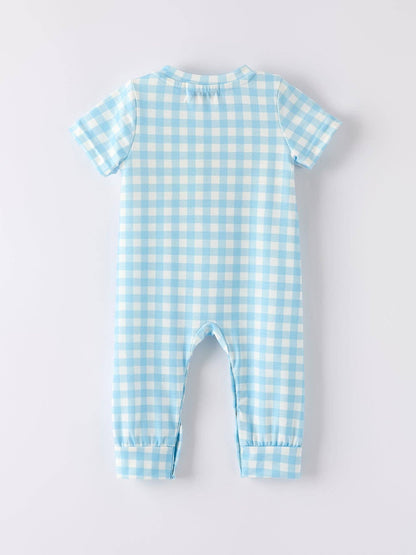 Halloween Boys Pumpkin Embroidery Smocking Blue Plaid Romper