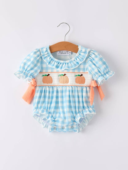 Halloween Pumpkin Embroidery Smocking Blue Plaid Romper