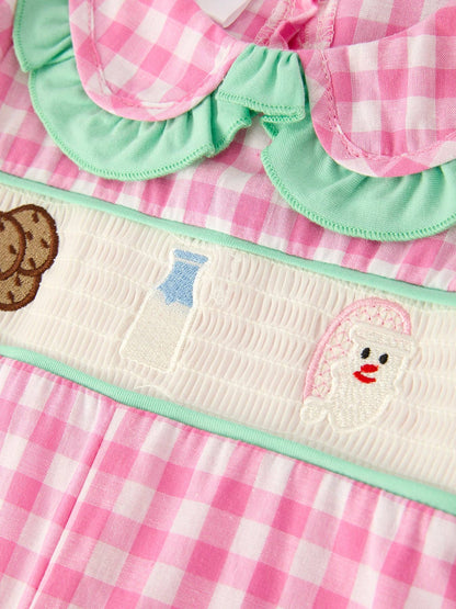 Christmas Green Santa Smocking Applique Plaid Baby Girls Romper