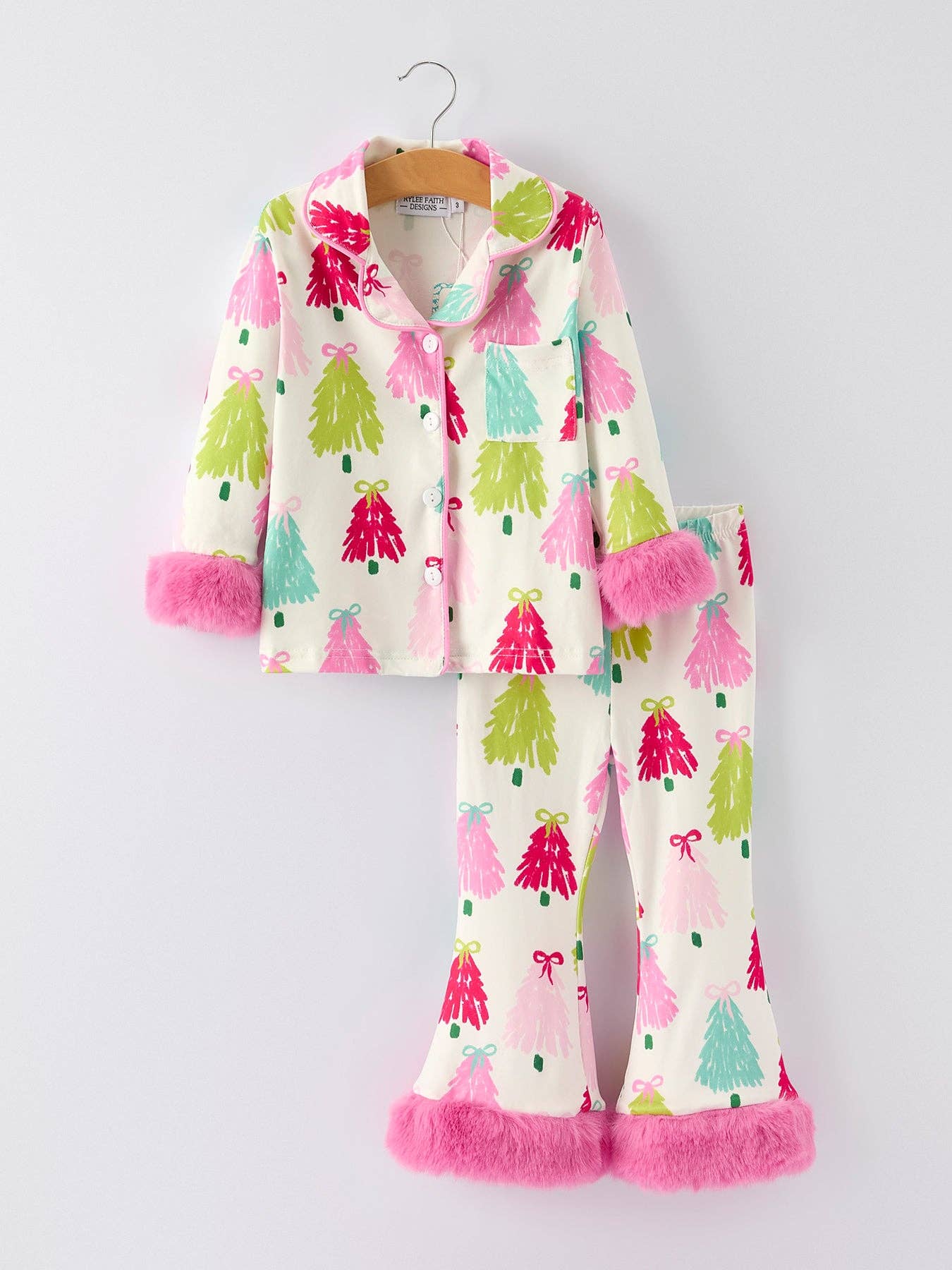 Christmas Tree Girls Pajama Set with Furry Trim: Perfect for Winter Nights