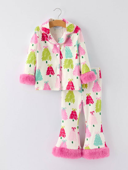 Christmas Tree Girls Pajama Set with Furry Trim: Perfect for Winter Nights