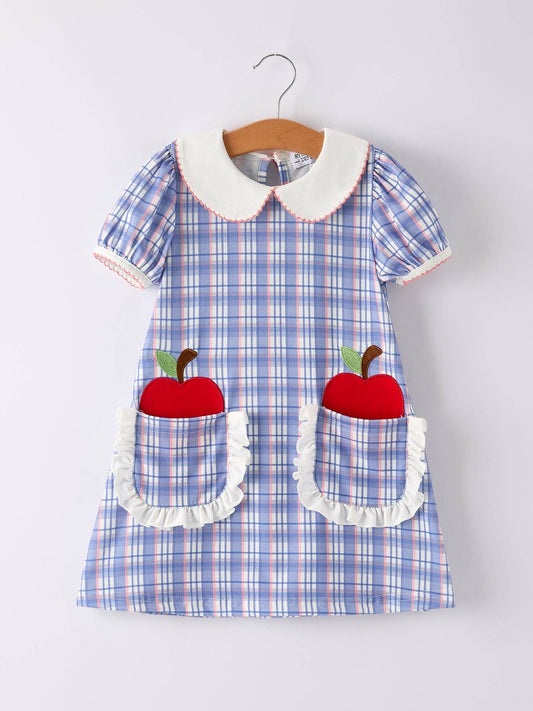 BACK TO SCHOOL Pocket Applique Check Girls Dress