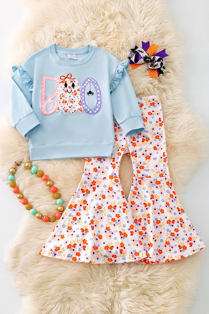 "BOO" Boo applique girls sweatshirt and floral flare bell bottoms. OFG51147 AMY (Copy)