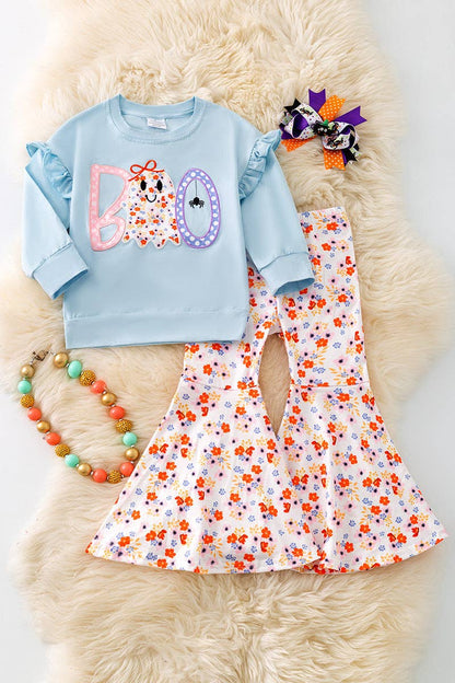 "BOO" Boo applique girls sweatshirt and floral flare bell bottoms. OFG51147 AMY (Copy)