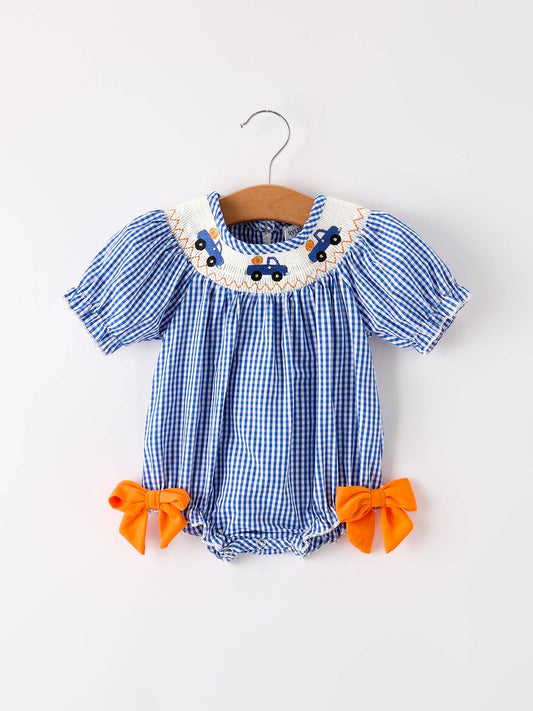 Fall Thanksgiving & Halloween Truck Smock Embroidery Baby Girl Romper