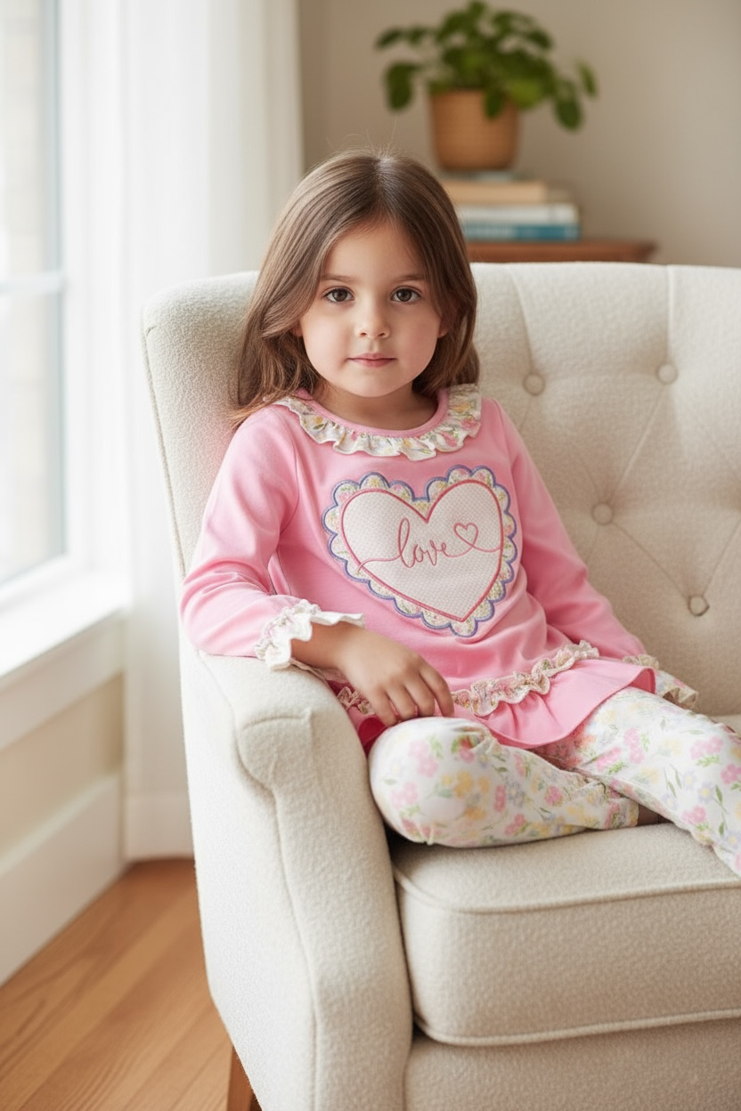 Love pink ruffle top & floral leggings.