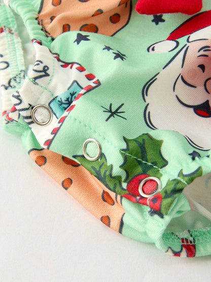 Christmas Santa and Cookie Print Baby Girls Romper with Red Bow Detail