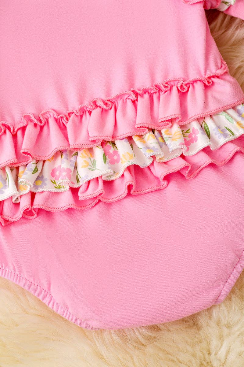 Pink Love, heart applique baby bodysuit with ruffle butt.