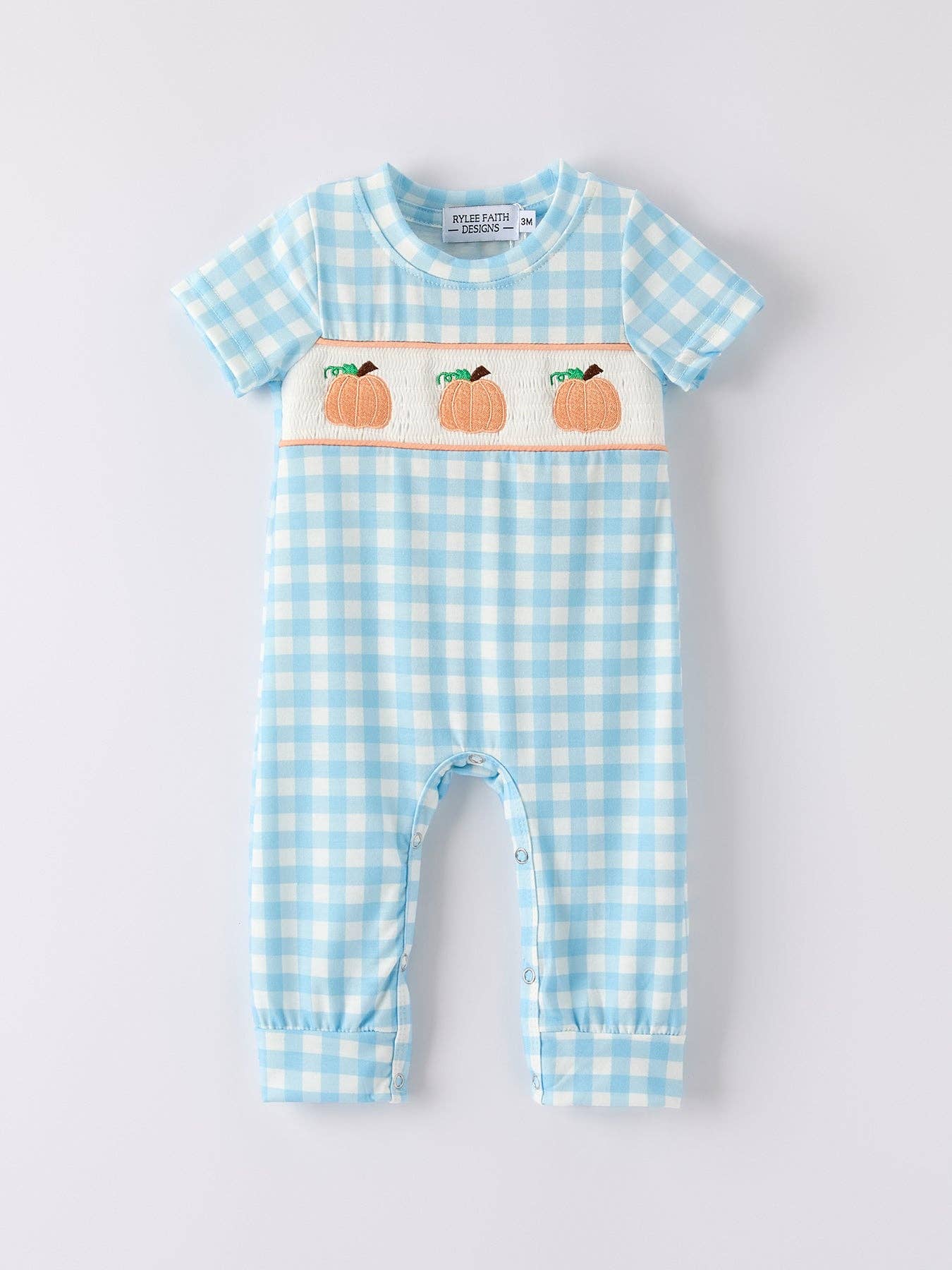 Halloween Boys Pumpkin Embroidery Smocking Blue Plaid Romper