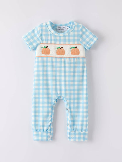 Halloween Boys Pumpkin Embroidery Smocking Blue Plaid Romper